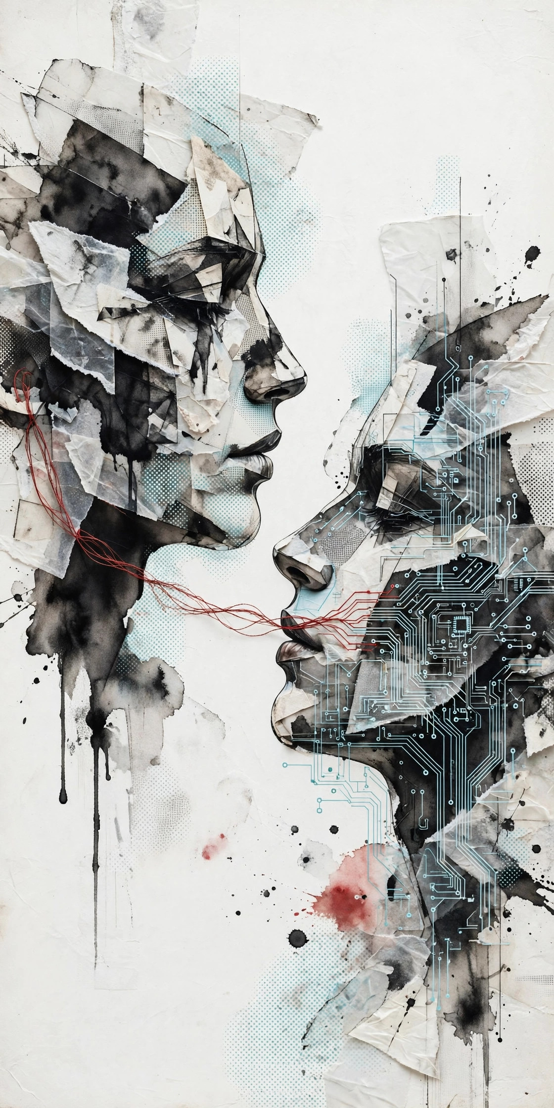 Paper collage of human and circuit-covered profiles facing one another, connected by a terracotta thread.