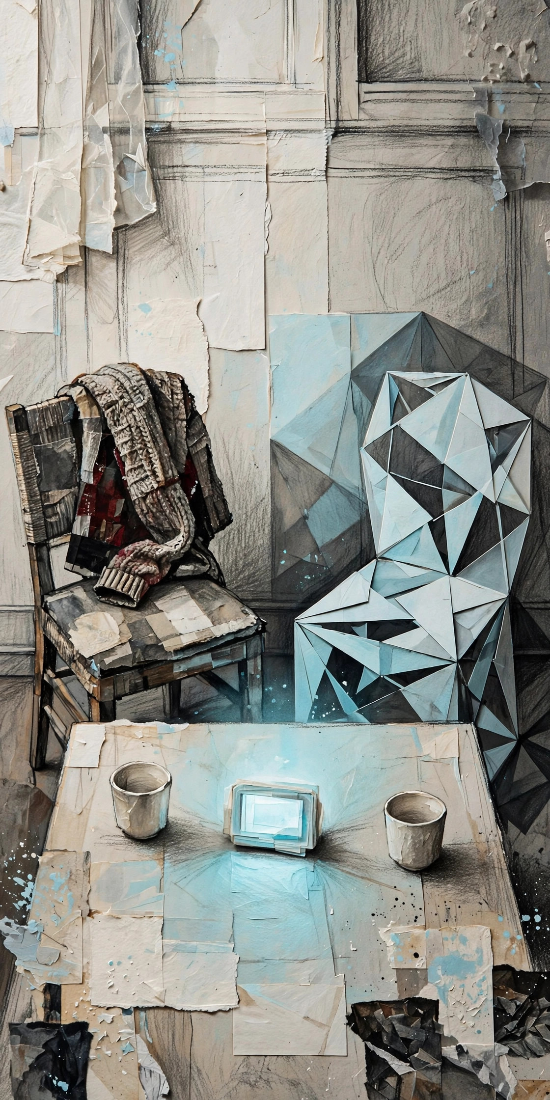 Editorial collage of two contrasting chairs beside cups and a glowing screen.