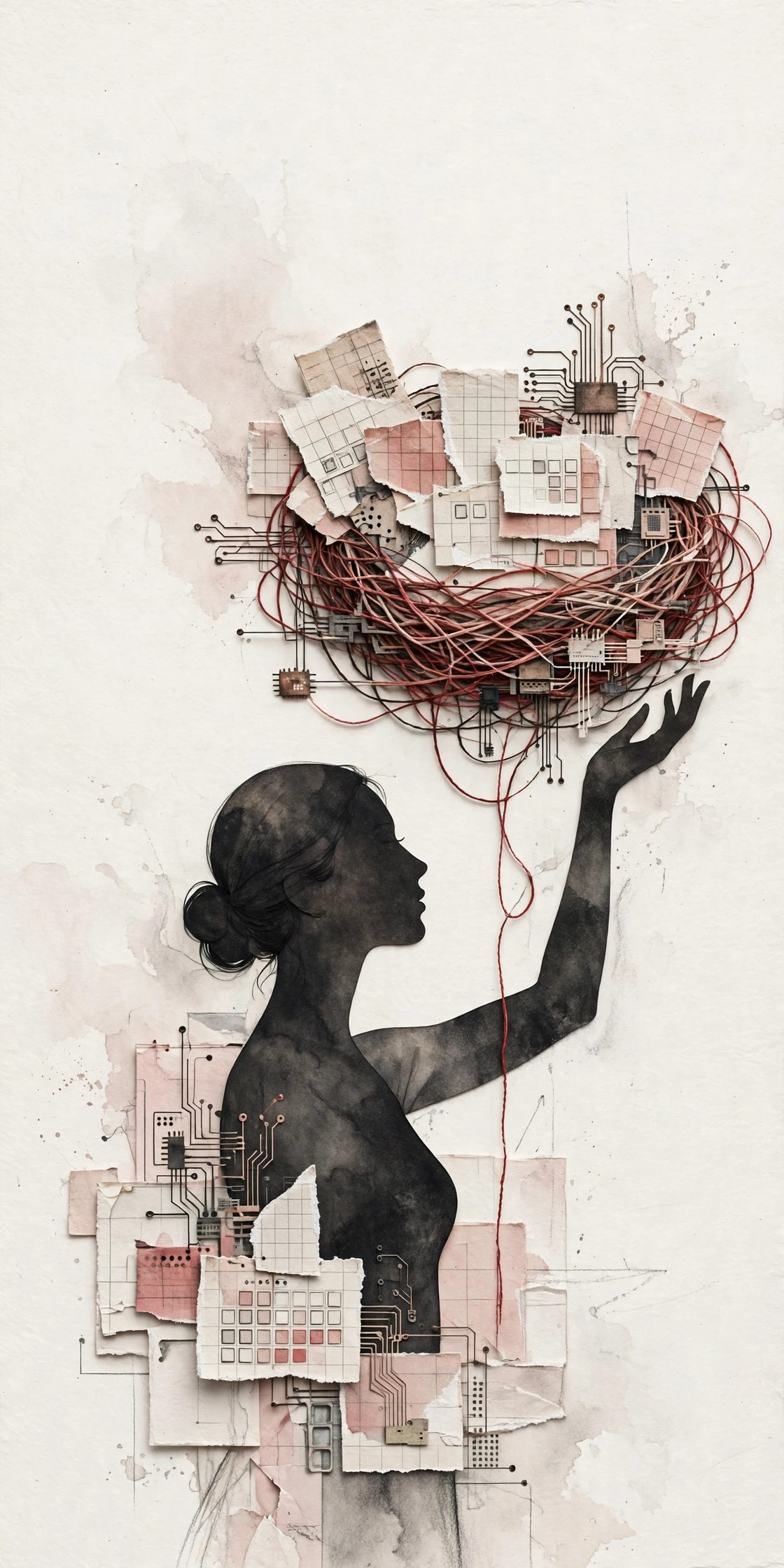A mother balancing a nest of threads, calendars, and circuitry.