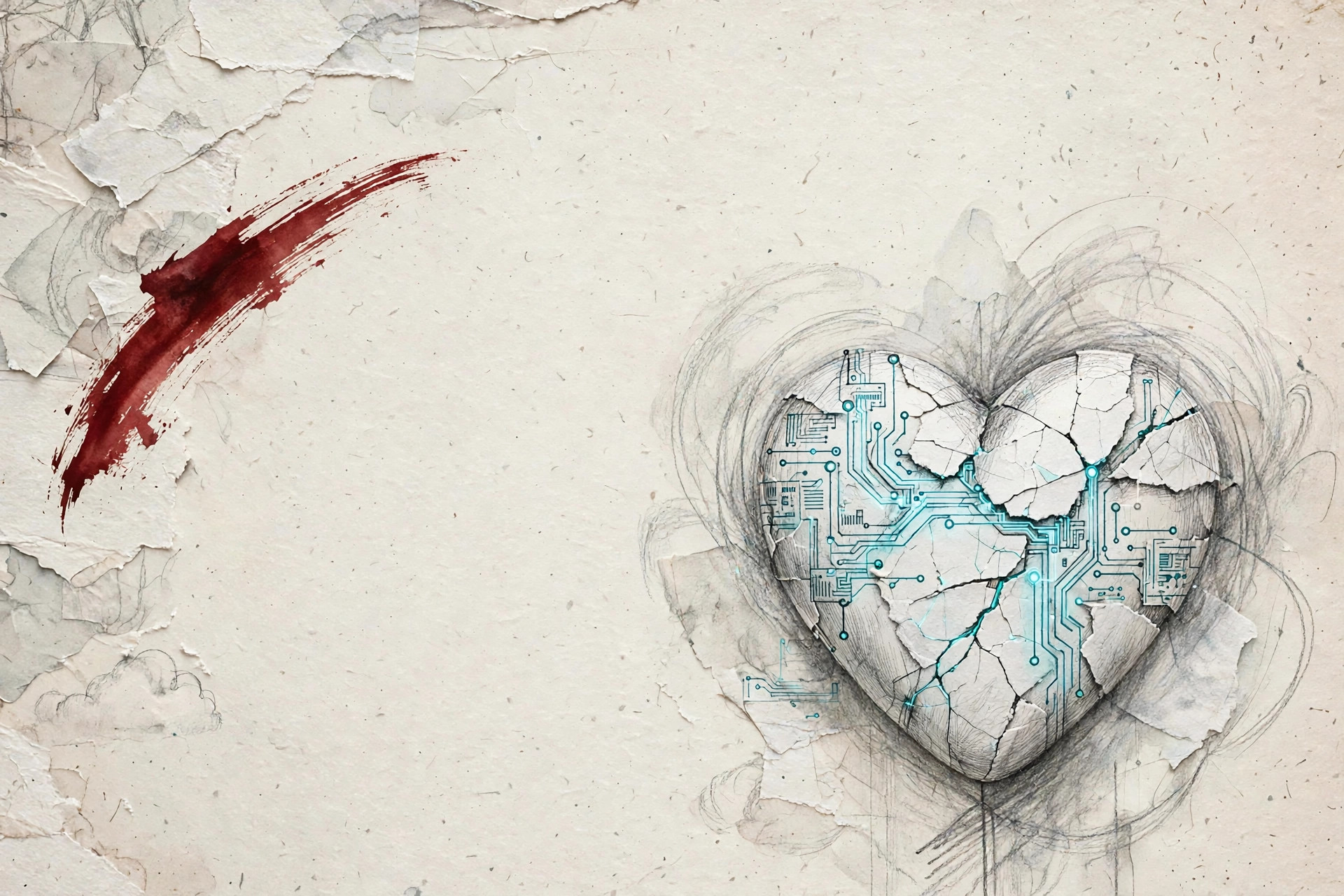 A cracked porcelain heart repaired by luminous circuit lines.